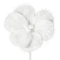 Świąteczny kwiat dekoracyjny z tkaniny zdobionej wystającymi lśniącymi włoskami - 15 cm - biały 2