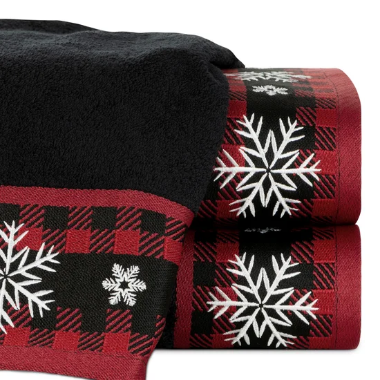 Ręcznik świąteczny RUDOLF 02 bawełniany z żakardową bordiurą w kratkę i haftem ze śnieżynkami - 50 x 90 cm - czarny