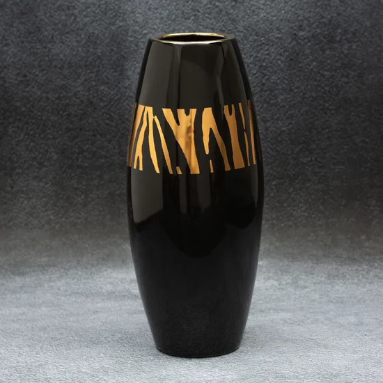 Wazon ceramiczny SELENA  czarny ze złotym zdobieniem - ∅ 14 x 34 cm - czarny