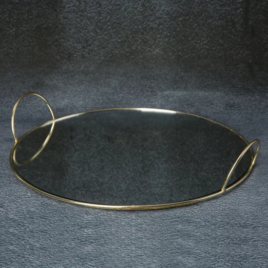 Taca dekoracyjna RING z lustrzanym blatem i metalowymi rączkami w stylu art deco, - ∅ 30 x 5 cm - złoty