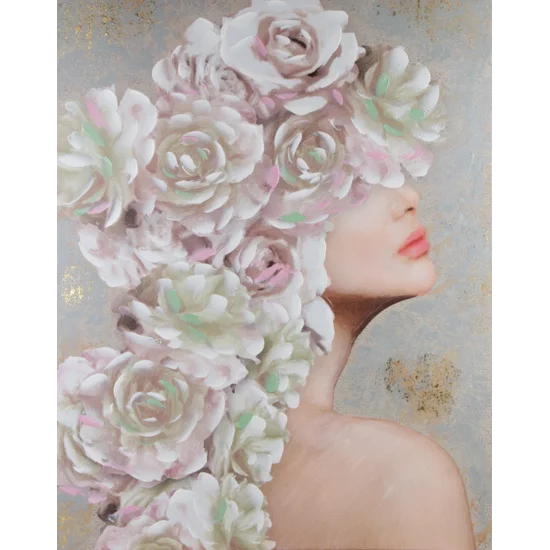 Obraz ROSALIE ręcznie malowany na płótnie portret kobiety z kwiatami na głowie - 80 x 100 cm - szary