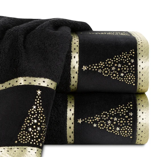 Ręcznik świąteczny EVE 01 bawełniany z aplikacją choinki ze złotych kryształków - 70 x 140 cm - czarny
