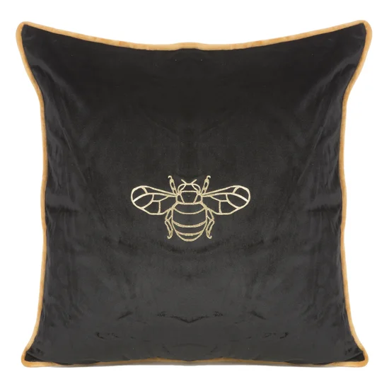 Poszewka z welwetu ze złotym nadrukiem pszczoły oraz ozdobną wypustką - 45 x 45 cm - czarny