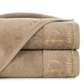 EVA MINGE Ręcznik GAJA z bawełny frotte z welwetową bordiurą i haftem z logo kolekcji - 70 x 140 cm - beżowy 1