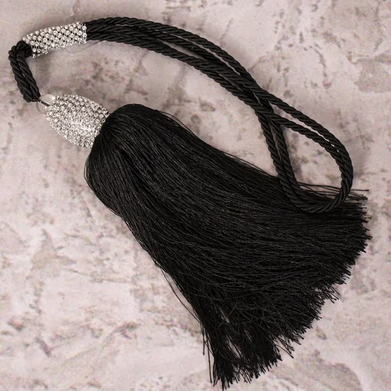 Dekoracyjny sznur do upięć z chwostem dekorowany kryształkami glamour - 70 cm - czarny