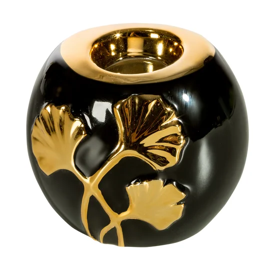 Świecznik ceramiczny  BILOBA w kształcie liści miłorzębu złoty - 12 x 10 x 10 cm - czarny