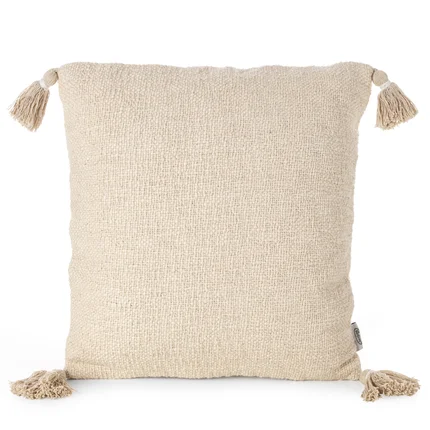 Poszewka KIMI w stylu boho z bawełnianej tkaniny o strukturalnym splocie z chwostami na rogach Poszewka KIMI w stylu boho z bawełnianej tkaniny o strukturalnym splocie z chwostami na rogach - 45 x 45 cm