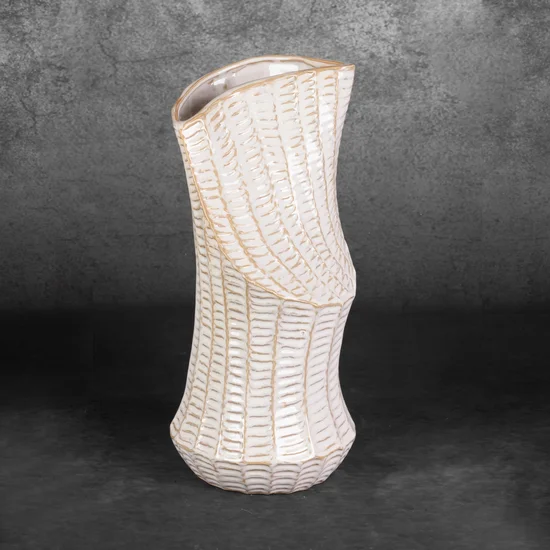 Wazon ceramiczny LIZA z wytłaczanym wzorem o ściętym kształcie - 18 x 18 x 40 cm - kremowy