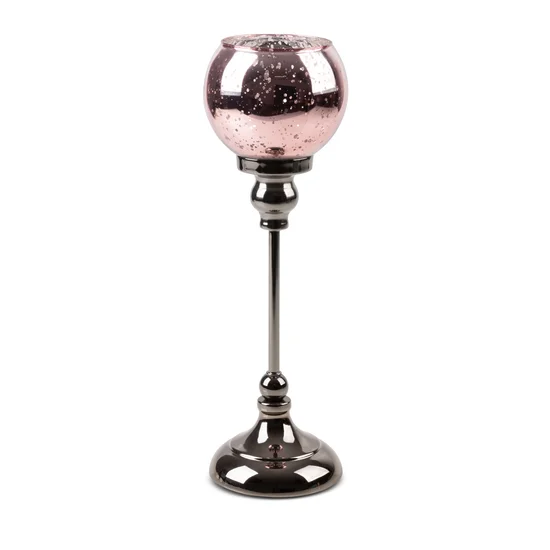 Świecznik bankietowy szklany FIBI 3 na wysmukłej metalowej  nóżce ze szklanym kloszem - ∅ 12 x 40 cm - różowy
