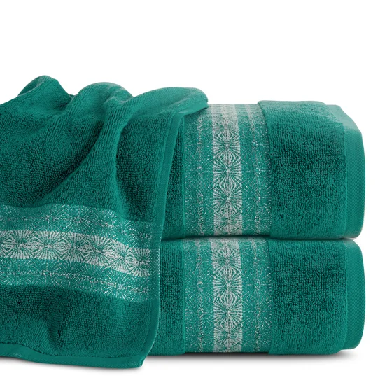 Ręcznik bawełniany MALIKA 50X90 cm z żakardową bordiurą ze wzorem podkreślonym błyszczącą nicią turkusowy - 50 x 90 cm - turkusowy
