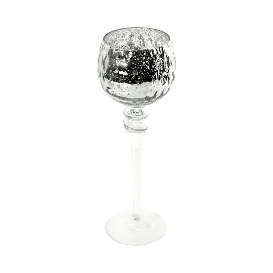 Świecznik szklany VENICE na wysmukłej nóżce ze srebrzystym kielichem o marmurkowej strukturze - ∅ 13 x 35 cm - biały