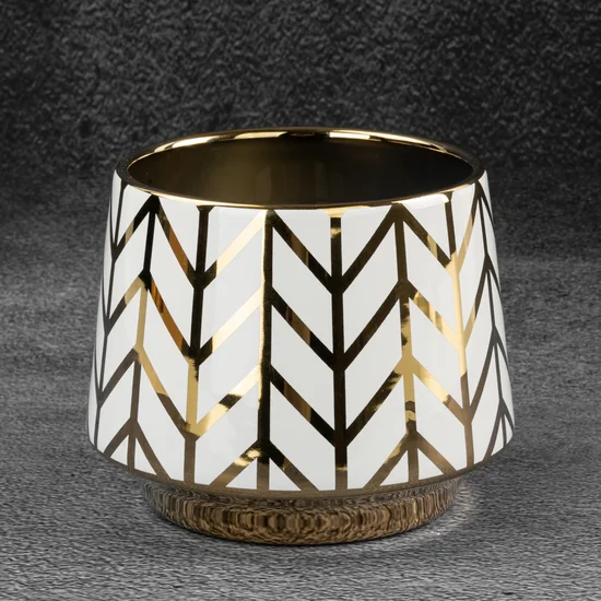 Osłonka ceramiczna na donicę EMERA z geometrycznym wzorem biało-złoty - ∅ 15 x 12 cm - biały