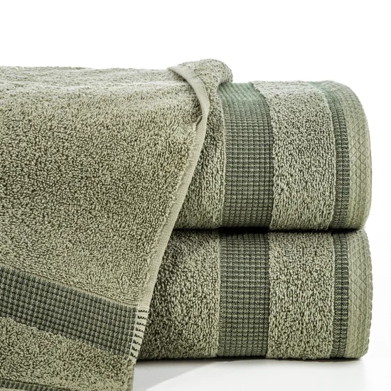 Ręcznik RODOS z ozdobną żakardową bordiurą w pasy - 50 x 90 cm - oliwkowy