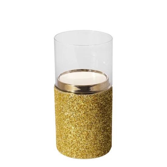 Świecznik ceramiczny dekorowany brokatem ze szklaną osłonką - ∅ 12 x 25 cm - złoty