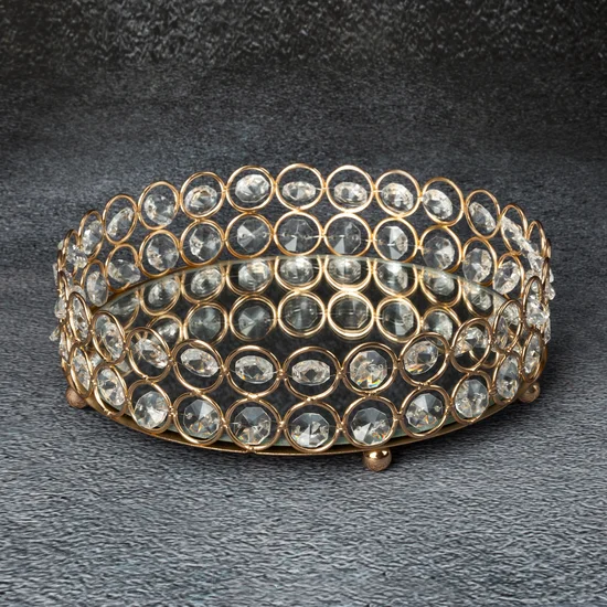 Okrągła taca dekoracyjna MESI z lustrzanym blatem i ażurowym obrzeżem z metalu i kryształów - ∅ 20 x 6 cm - złoty