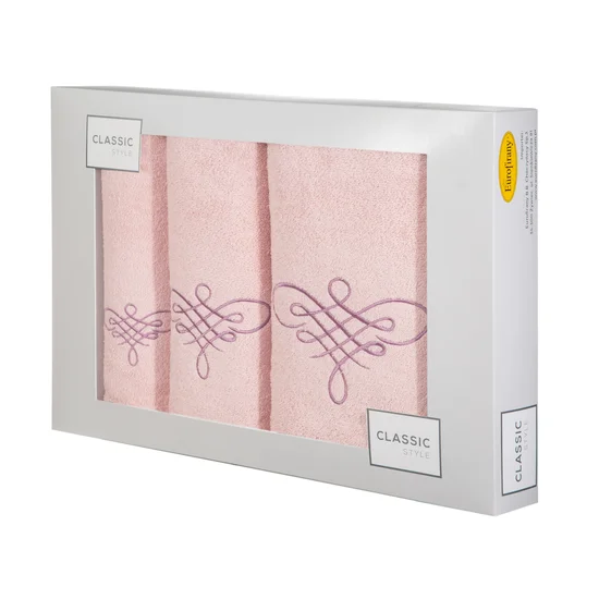 Komplet ręczników z ornamentowym haftem w kartonowym opakowaniu - 56 x 36 x 7 cm - różowy