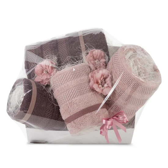 Zestaw prezentowy  - komplet 4 szt ręczników na każdą okazję - 50 x 40 x 30 cm - pudrowy róż