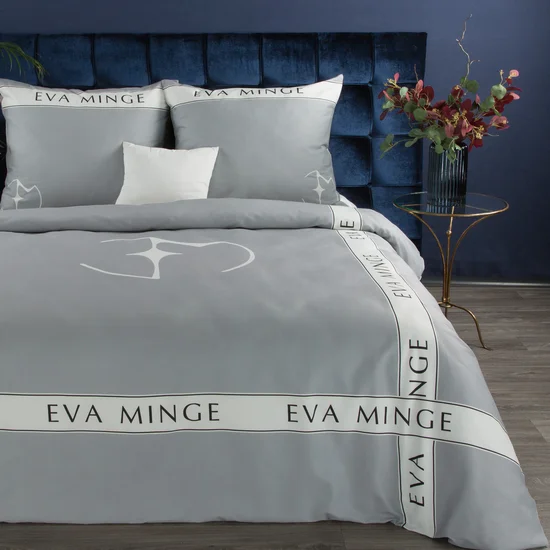 EVA MINGE Komplet pościeli SILK z makosatyny najwyższej jakości satyny bawełnianej z nadrukiem logo - 220 x 200 cm - srebrny