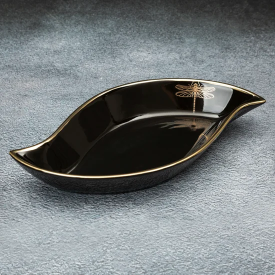 Patera ceramiczna z nadrukiem złotej ważki - 31 x 17 x 5 cm - czarny