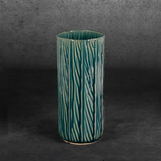 Wazon ceramiczny REA w stylu boho w prążki - ∅ 12 x 28 cm - zielony