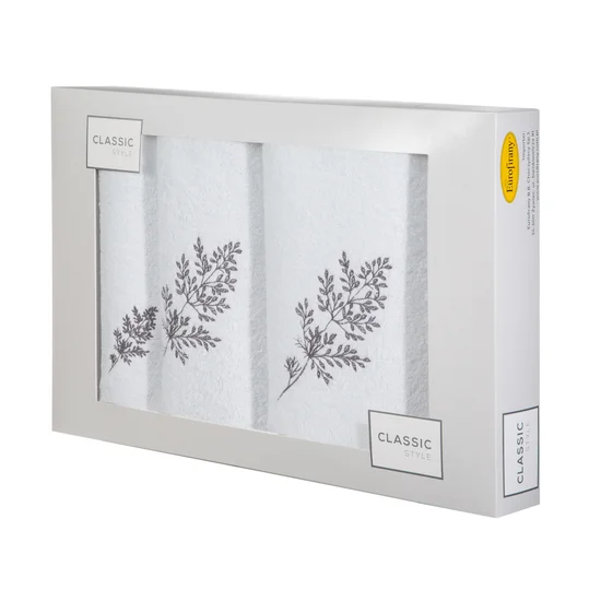Komplet ręczników z haftem gałązek w kartonowym opakowaniu - 56 x 36 x 7 cm - biały