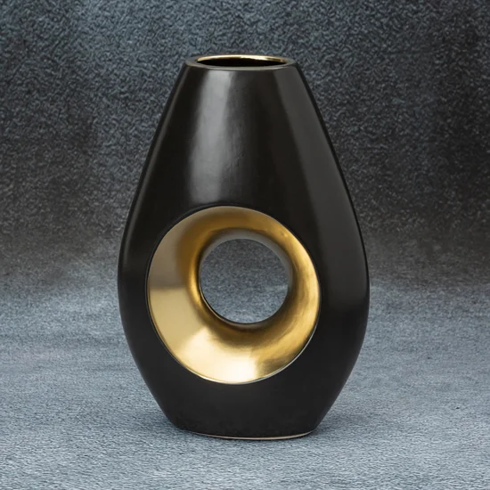 Wazon ceramiczny MIRA z otworem czarno-złoty - 17 x 8 x 25 cm - czarny