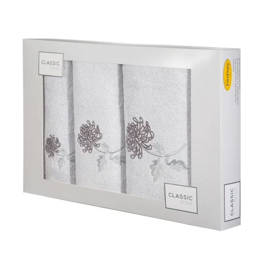 Komplet ręczników z haftem  w kartonowym opakowaniu - 56 x 36 x 7 cm - srebrny