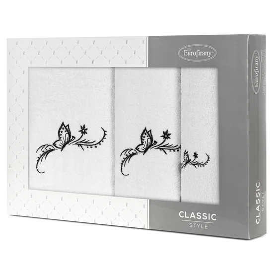 Zestaw upominkowy FAIRY 3 szt ręczników z haftem z motywem motyli w kartonowym opakowaniu na prezent - 56 x 36 x 7 cm - biały