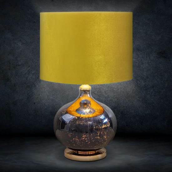 Lampa stołowa KATIE na szklanej podstawie z przecieranego szkła czarno-złota z welwetowym złotym abażurem - ∅ 40 x 62 cm - musztardowy