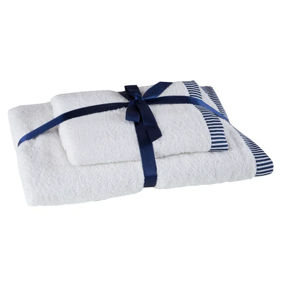 Komplet 2 szt ręczników KOS z  ozdobną żakardową bordiurą w paseczki - 36 x 25 x 12 cm - biały