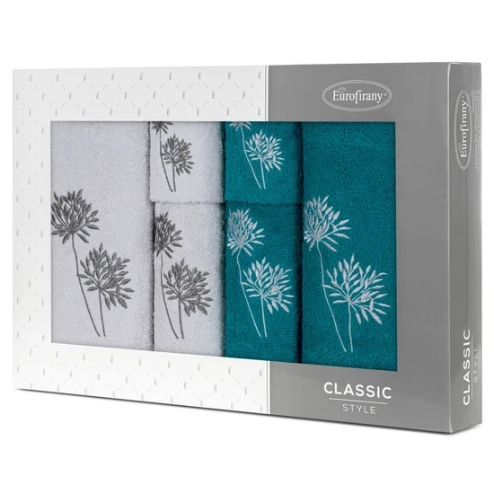 Zestaw upominkowy ACELIA 6 szt ręczników z haftem z motywem roślinnym w kartonowym opakowaniu na prezent - 53 x 37 x 11 cm - ciemnoturkusowy
