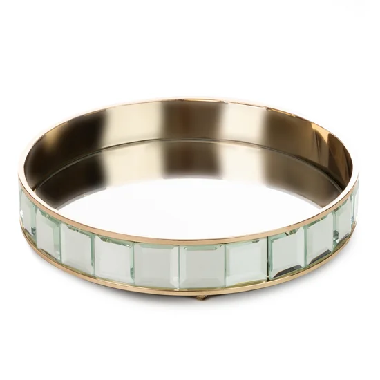 Okrągła taca dekoracyjna TALEA z lustrzanym blatem i metalowym obrzeżem z kryształami w stylu glamour - ∅ 23 x 5 cm - złoty