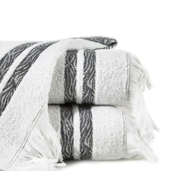 Ręcznik z frędzlami i żakardową bordiurą z błyszczącą nicią - 70 x 140 cm - biały