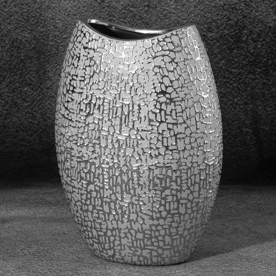 Wazon ceramiczny RISO z drobnym błyszczącym wzorem - 18 x 9 x 26 cm - srebrny