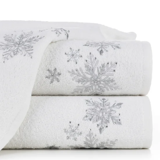 Ręcznik świąteczny SANTA 13 bawełniany  z aplikacją ze śnieżynkami i kryształkami - 70 x 140 cm - biały