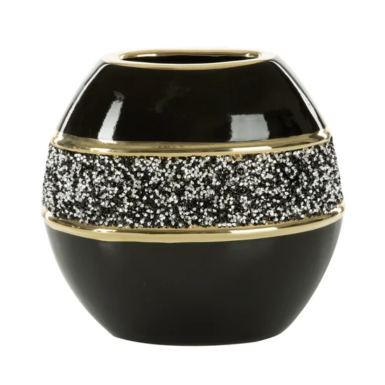 Wazon SHELLY w stylu glamour z drobnymi kryształkami i złoceniem - 24 x 12 x 23 cm - czarny