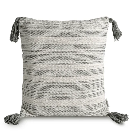Poszewka ABI z grubej tkaniny strukturalnej w pasy z chwostami na rogach Poszewka ABI z grubej tkaniny strukturalnej w pasy z chwostami na rogach - 45 x 45 cm