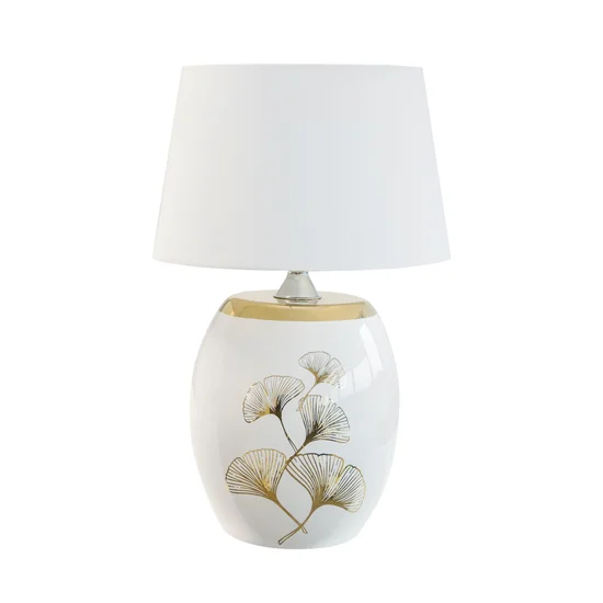 Lampka na podstawie z dolomitu z motywem złotych liści miłorzębu - 18 x 18 x 40 cm - biały
