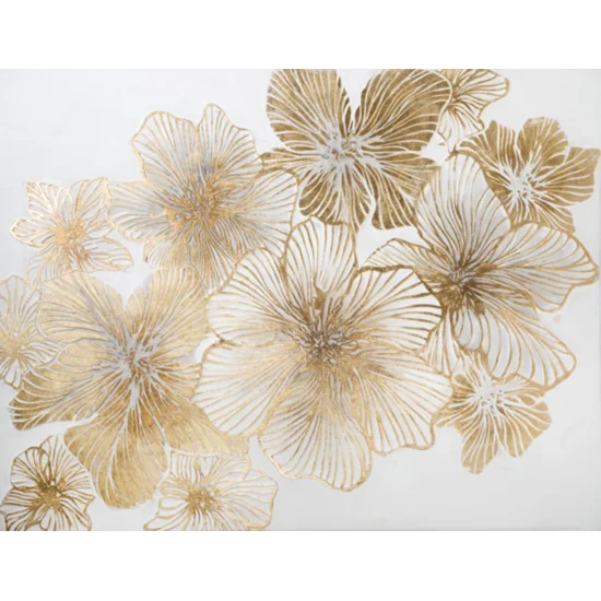 Obraz GOLDIE ręcznie malowane na płótnie złociste kwiaty - 120 x 90 cm - złoty