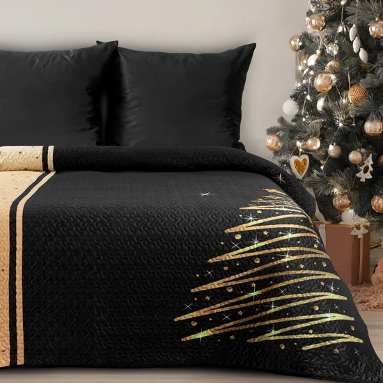 Narzuta świąteczna EVE z miękkiego welwetu z motywem złocistej choinki - 220 x 240 cm - czarny