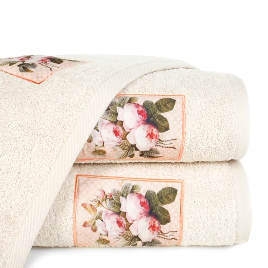 Ręcznik z naszywaną aplikacją z kwiatami - 50 x 90 cm - beżowy