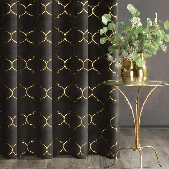 Zasłona welwetowa ze złotym nadrukiem wzór marokańskiej koniczyny - 140 x 250 cm - czarny