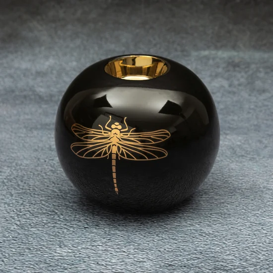Świecznik ceramiczny z nadrukiem złotej ważki - ∅ 12 x 10 cm - czarny