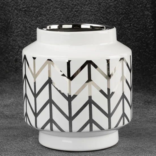 Wazon ceramiczny EMERA z geometrycznym wzorem biało-srebrny - ∅ 15 x 16 cm - biały