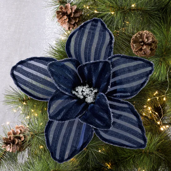Świąteczny kwiat dekoracyjny wykonany z tkaniny w paseczki - ∅ 24 cm - granatowy