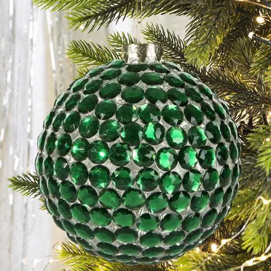 Szklana  bombka choinkowa zdobiona zielonymi kryształkami - ∅ 10 cm - ciemnozielony