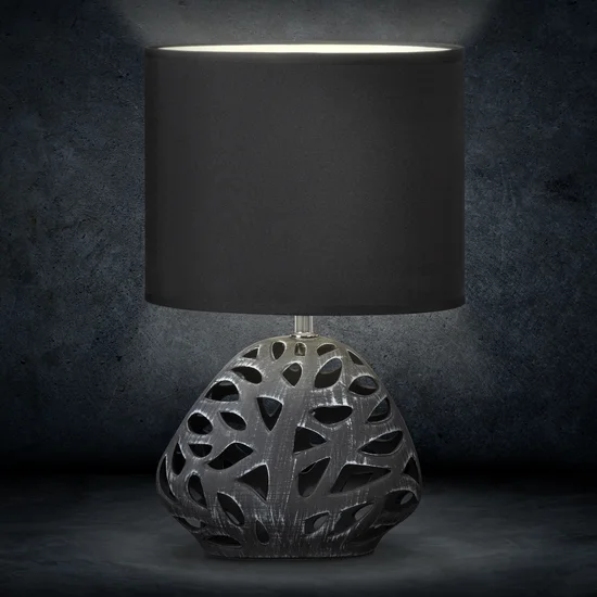 Lampka stołowa DAKOTA  na ceramicznej ażurowej podstawie z abażurem z matowej tkaniny - 25 x 16 x 40 cm - czarny