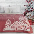 Koc świąteczny RUDOLF miękki i puszysty z włókien bawełniano-akrylowych z motywem domku - 200 x 220 cm - czerwony 1