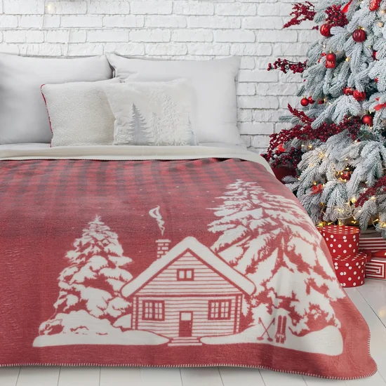 Koc świąteczny RUDOLF miękki i puszysty z włókien bawełniano-akrylowych z motywem domku - 200 x 220 cm - czerwony