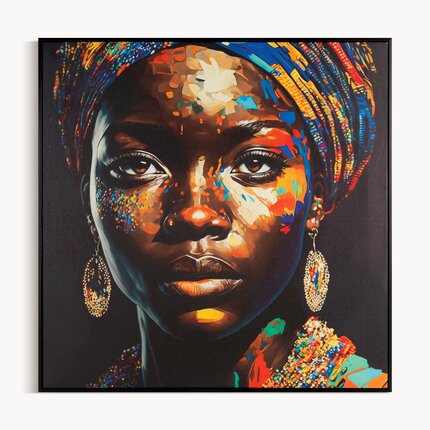 Obraz drukowany na płótnie portret tajemniczej kobiety z kolorowym turbanem 60 x 60 cm czarny,ciemnoturkusowy | Eurofirany